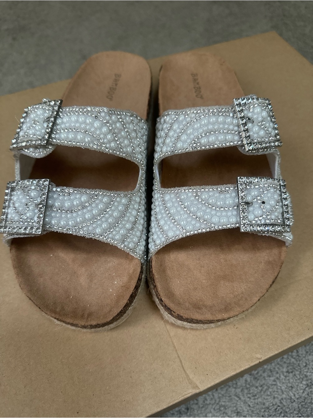BAMBOO White Beaded/Rhinestone Double-Buckle Slide Sandals